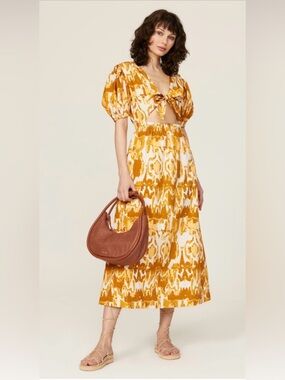 Cleobella Sadie Midi Maxi Dress Womens Yellow Watercolor IKAT Short Sleeves - S